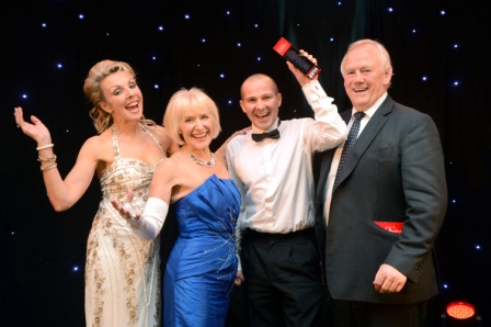 656354-1 : ©Lionel Heap : A Question of Brains 2014 Charity Event in Aid of Steps : 2014 Champions Mark J Rees Chartered Accountants.... L-R Event host Anne Davies of BBC TV, Rosemary Conley CBE DL, Patron of Steps, winning team captain Andy Turner of Mark J Rees and Peter Wheeler.