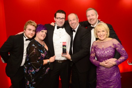 656410-03 : @Lionel Heap : News : A Question of Brains 2015 Charity Dinner in AId of Steps Conductive Education Centre in Shepshed : 2015 A Question of Brains Champions, The Healy Group L-R Sam Beales, Laura Beales, Gareth Healy, Mark Powell, Anthony Healy and Steps patron Rosemary Conley. The event raied £75,000 for Steps.