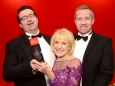 656410-04 : @Lionel Heap : News : A Question of Brains 2015 Charity Dinner in AId of Steps Conductive Education Centre in Shepshed : 2015 A Question of Brains Champions, The Healy Group L-R Collecting the trophy from Steps patron Rosemary Conley are team captains Gareth Healy (left) and Anthony Healy (right). The event raised £75,000 for Steps.